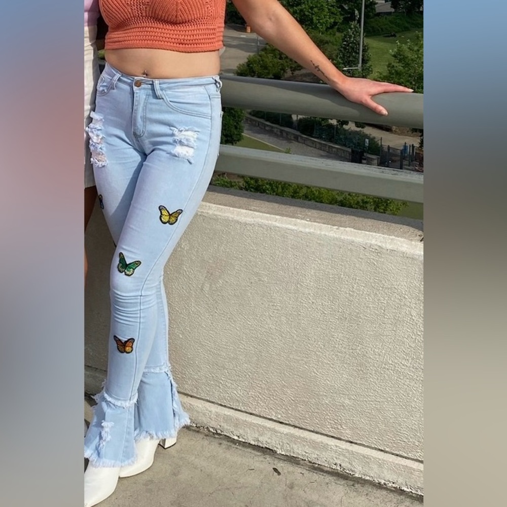 Light Blue Butterfly Embroidered Women Jeans